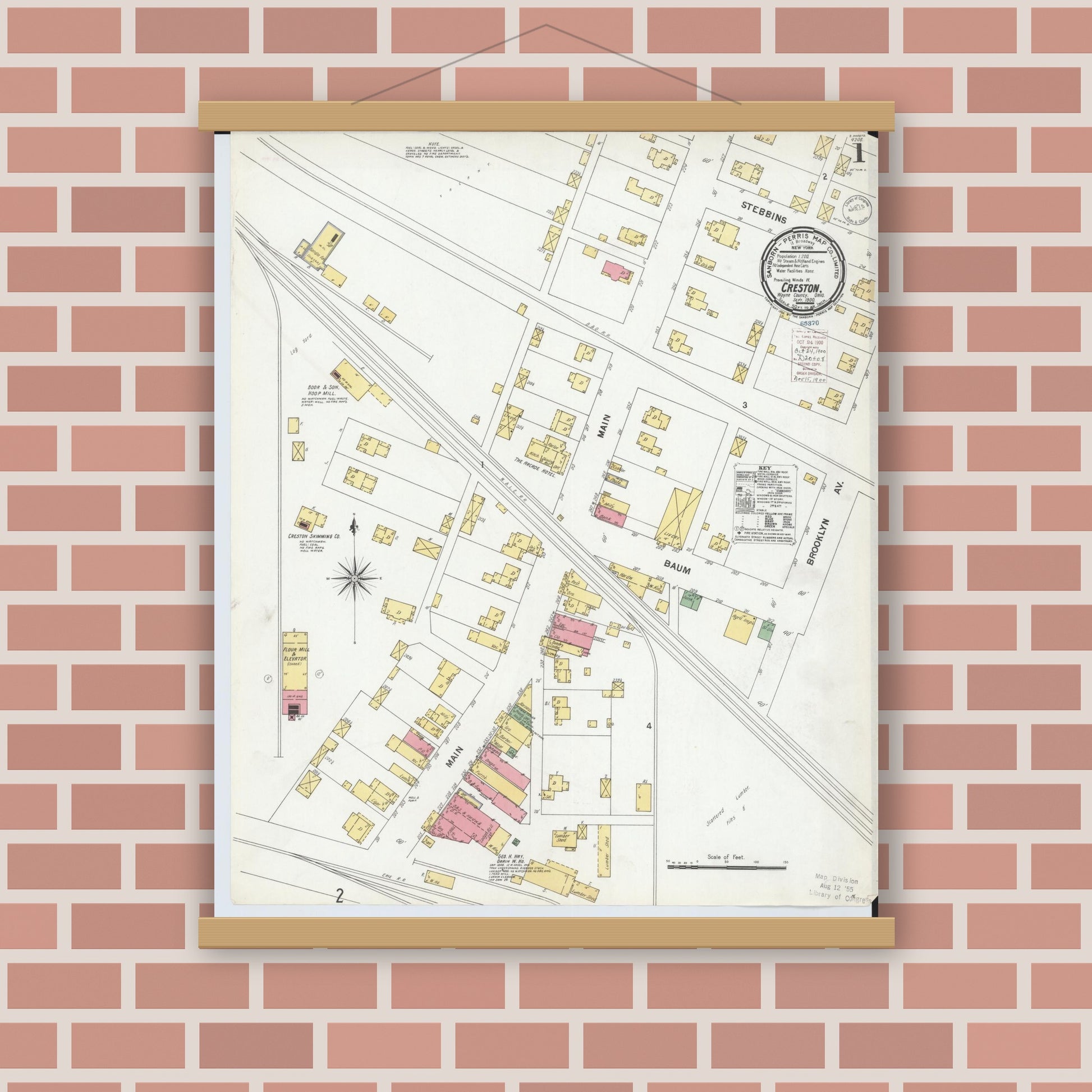 Old map wall art mockup — magnetic wood frame on brick wall — Sanborn Fire Insurance Map from Creston, Wayne County, Ohio (1900) - Complete Map Set