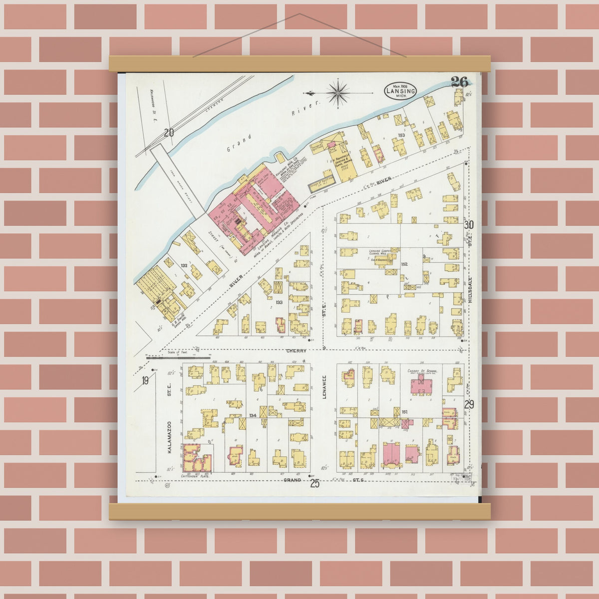 Old map wall art mockup — magnetic wood frame on brick wall — Sanborn Fire Insurance Map from Lansing, Ingham County, Michigan (1906), Sheet #0026