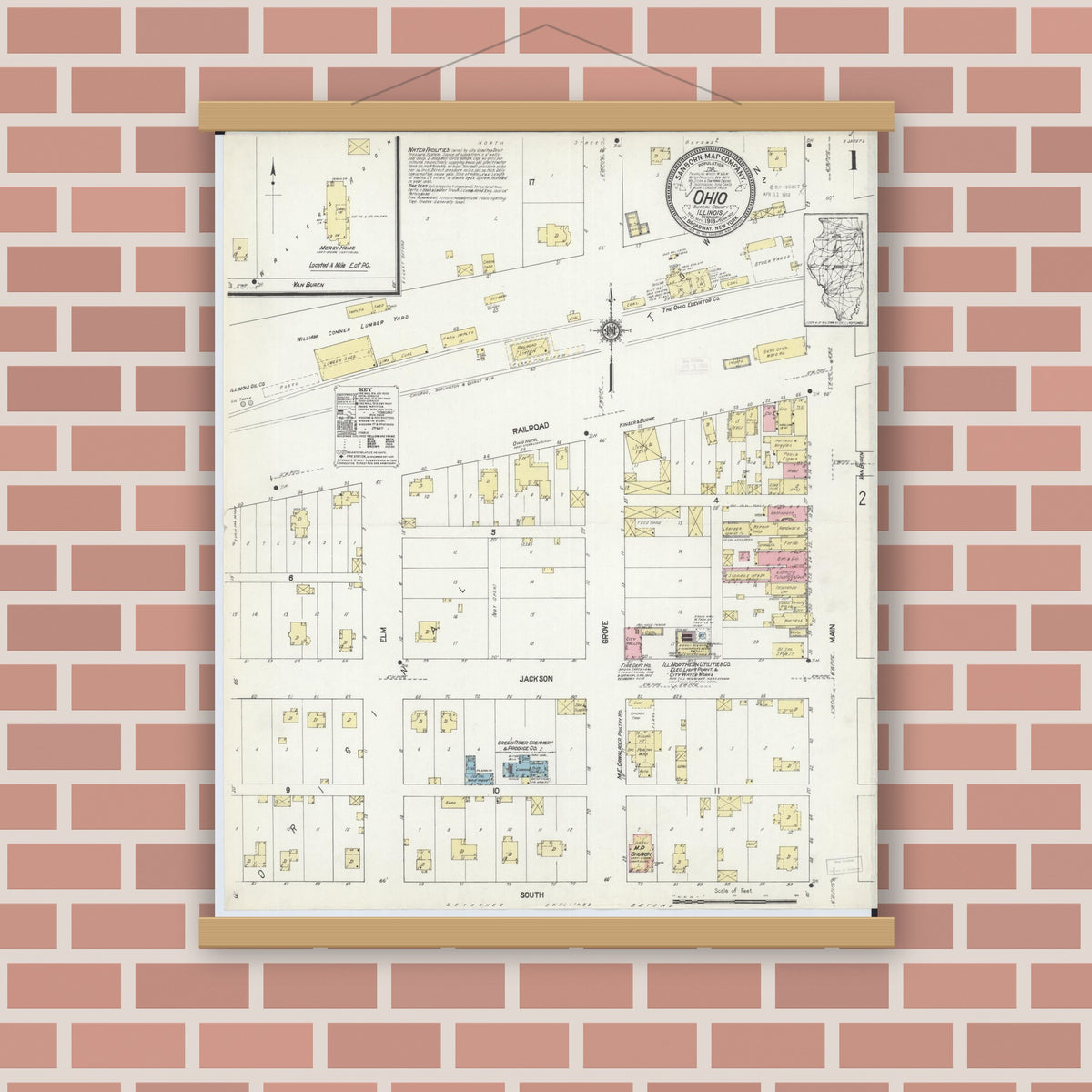 Old map wall art mockup — magnetic wood frame on brick wall — Sanborn Fire Insurance Map from Ohio, Bureau County, Illinois (1913), Sheet #0001