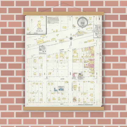 Old map wall art mockup — magnetic wood frame on brick wall — Sanborn Fire Insurance Map from Ohio, Bureau County, Illinois (1913), Sheet #0001