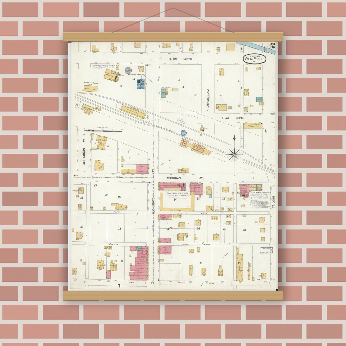 Old map wall art mockup — magnetic wood frame on brick wall — Sanborn Fire Insurance Map from West Plains, Howell County, Missouri (1906), Sheet #0002
