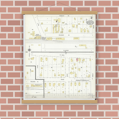 Old map wall art mockup — magnetic wood frame on brick wall — Sanborn Fire Insurance Map from Wakeman, Huron County, Ohio (1911), Sheet #0002