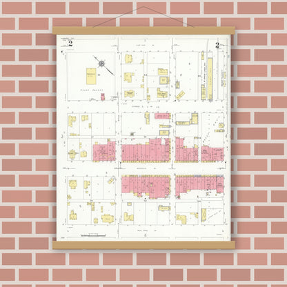 Old map wall art mockup — magnetic wood frame on brick wall — Sanborn Fire Insurance Map from Hubbard, Hill County, Texas (1935), Sheet #0002