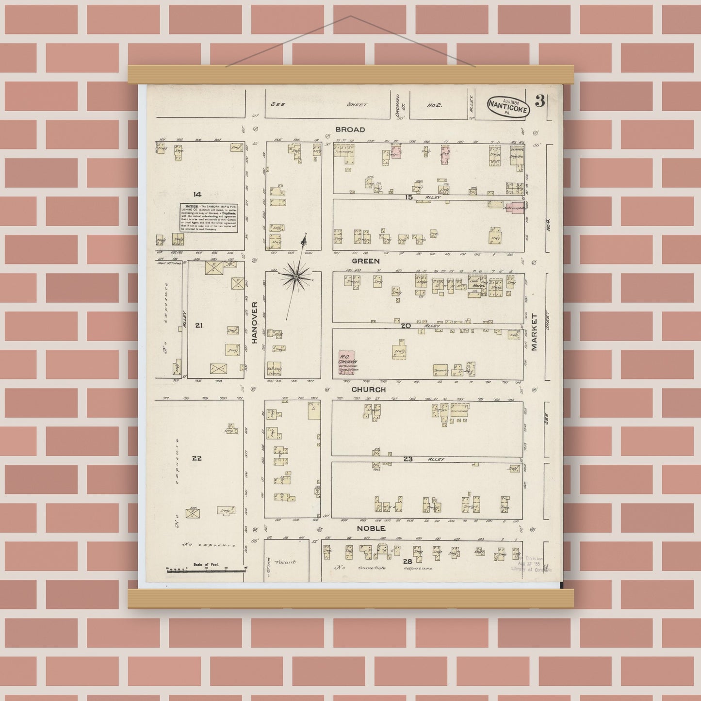 Old map wall art mockup — magnetic wood frame on brick wall — Sanborn Fire Insurance Map from Nanticoke, Luzerne County, Pennsylvania (1884), Sheet #0003