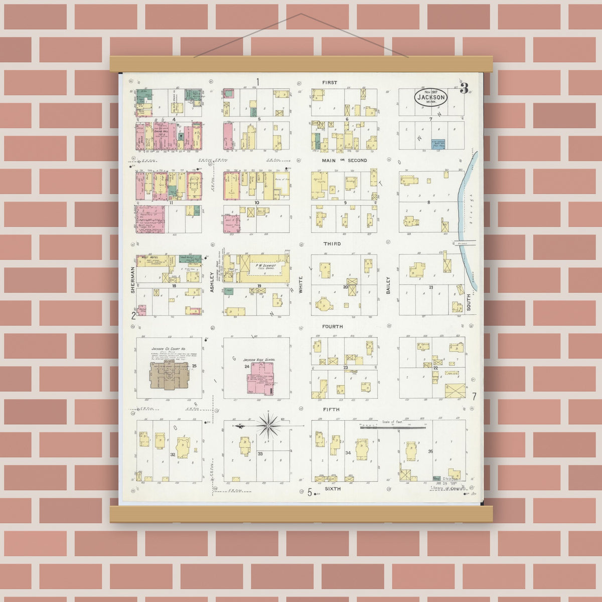 Old map wall art mockup — magnetic wood frame on brick wall — Sanborn Fire Insurance Map from Jackson, Jackson County, Minnesota (1907), Sheet #0003