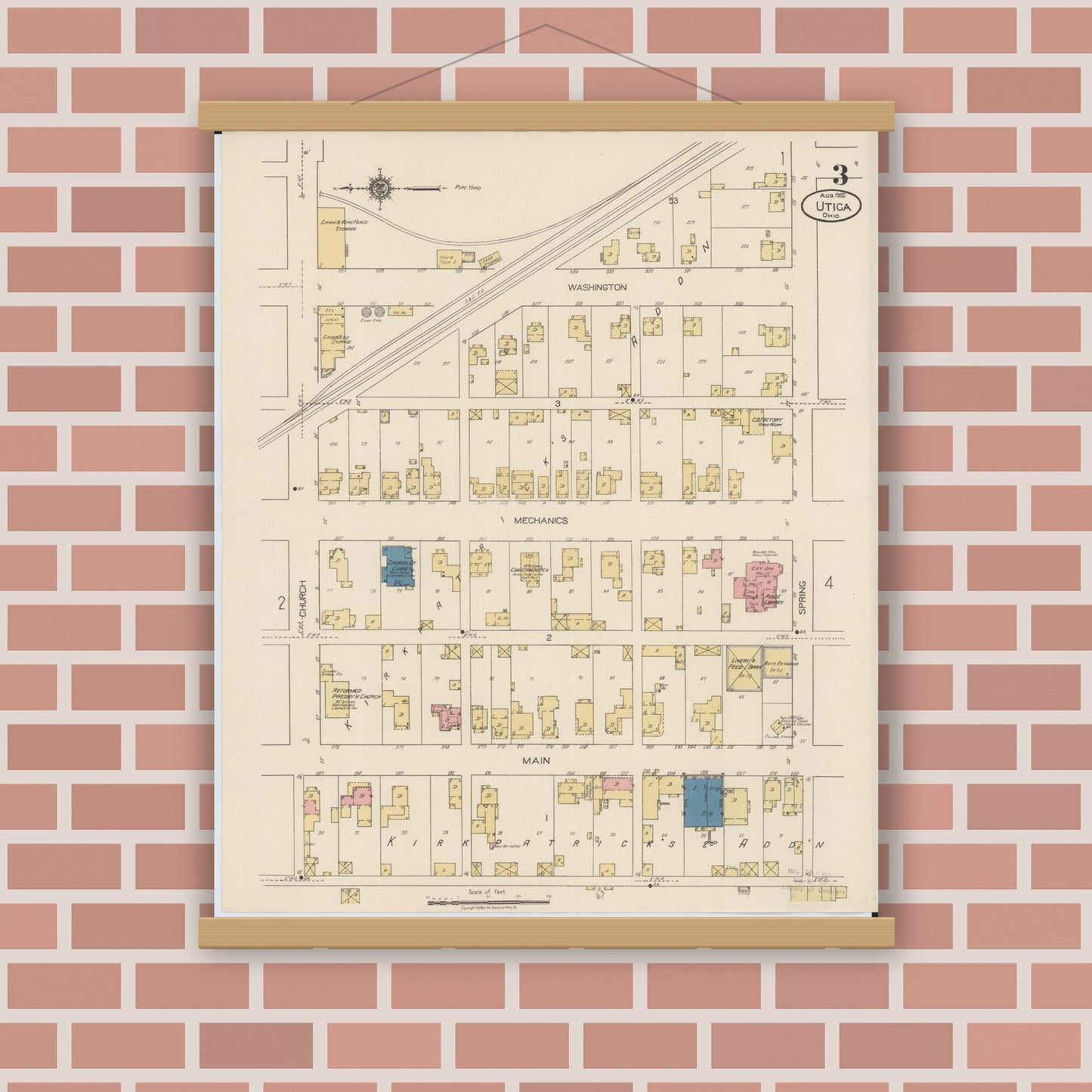 Old map wall art mockup — magnetic wood frame on brick wall — Sanborn Fire Insurance Map from Utica, Licking County, Ohio (1922), Sheet #0003