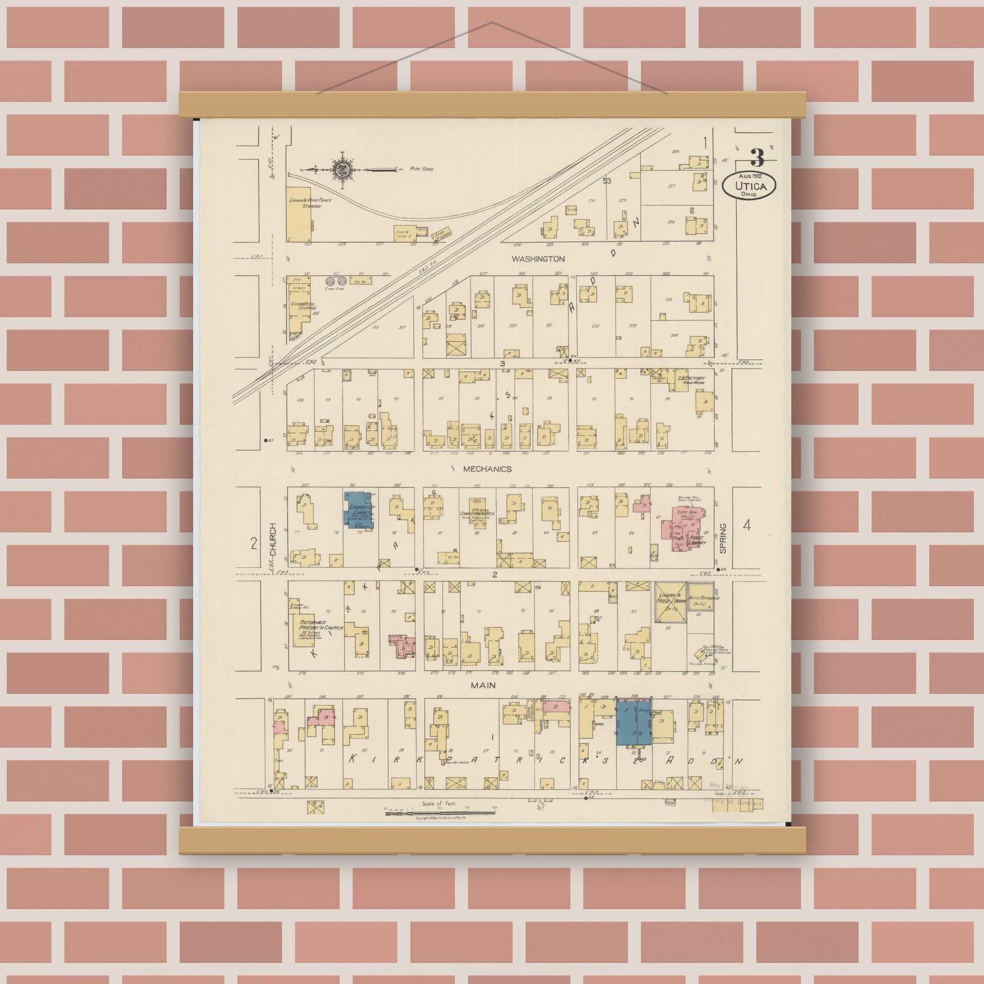 Old map wall art mockup — magnetic wood frame on brick wall — Sanborn Fire Insurance Map from Utica, Licking County, Ohio (1922), Sheet #0003
