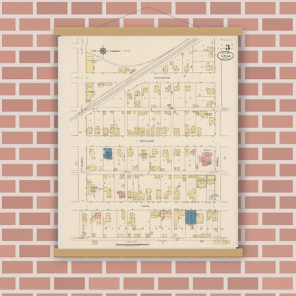 Old map wall art mockup — magnetic wood frame on brick wall — Sanborn Fire Insurance Map from Utica, Licking County, Ohio (1922), Sheet #0003