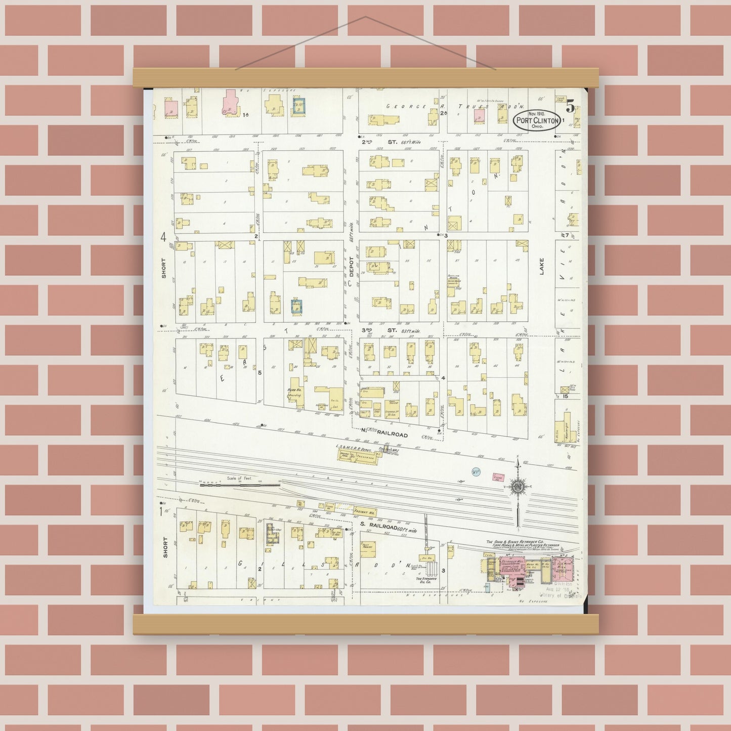 Old map wall art mockup — magnetic wood frame on brick wall — Sanborn Fire Insurance Map from Port Clinton, Ottawa County, Ohio (1910), Sheet #0005