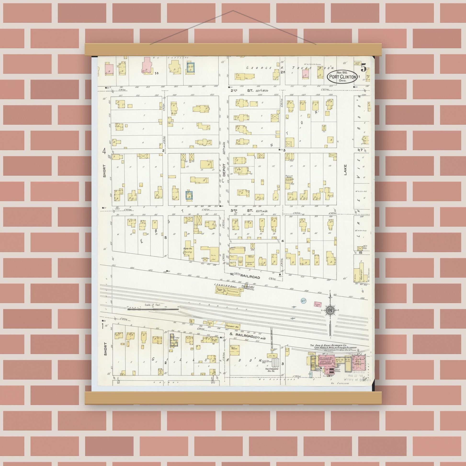 Old map wall art mockup — magnetic wood frame on brick wall — Sanborn Fire Insurance Map from Port Clinton, Ottawa County, Ohio (1910), Sheet #0005
