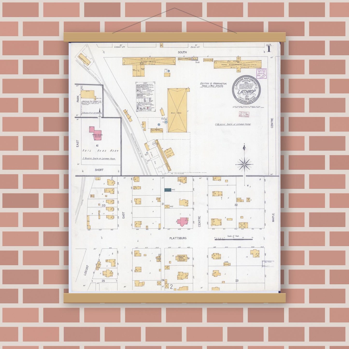 Old map wall art mockup — magnetic wood frame on brick wall — Sanborn Fire Insurance Map from Lathrop, Clinton County, Missouri (1906) - Complete Map Set