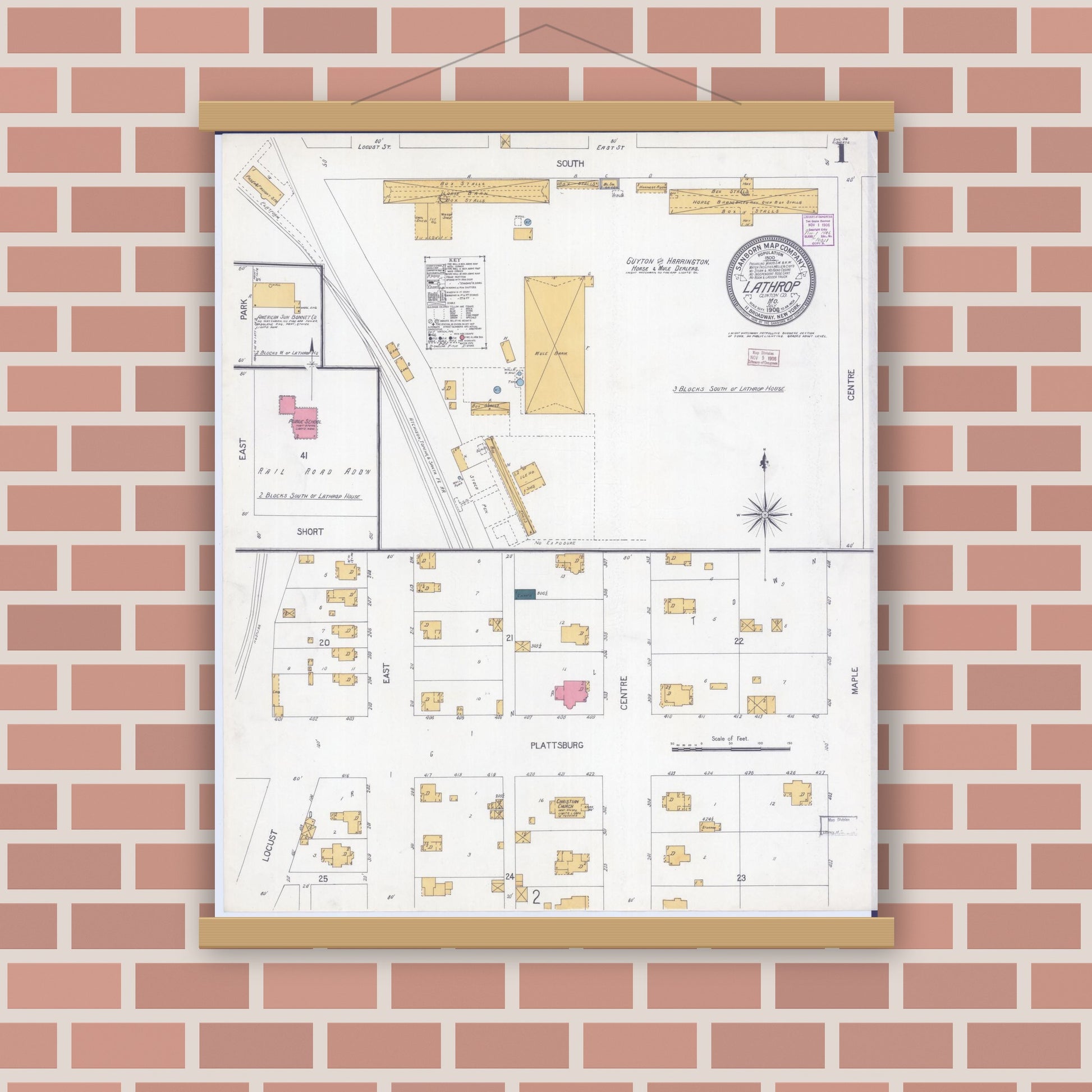 Old map wall art mockup — magnetic wood frame on brick wall — Sanborn Fire Insurance Map from Lathrop, Clinton County, Missouri (1906) - Complete Map Set