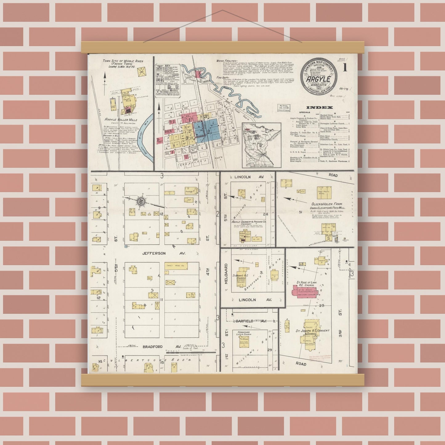 Old map wall art mockup — magnetic wood frame on brick wall — Sanborn Fire Insurance Map from Argyle, Marshall County, Minnesota (1922) - Complete Map Set
