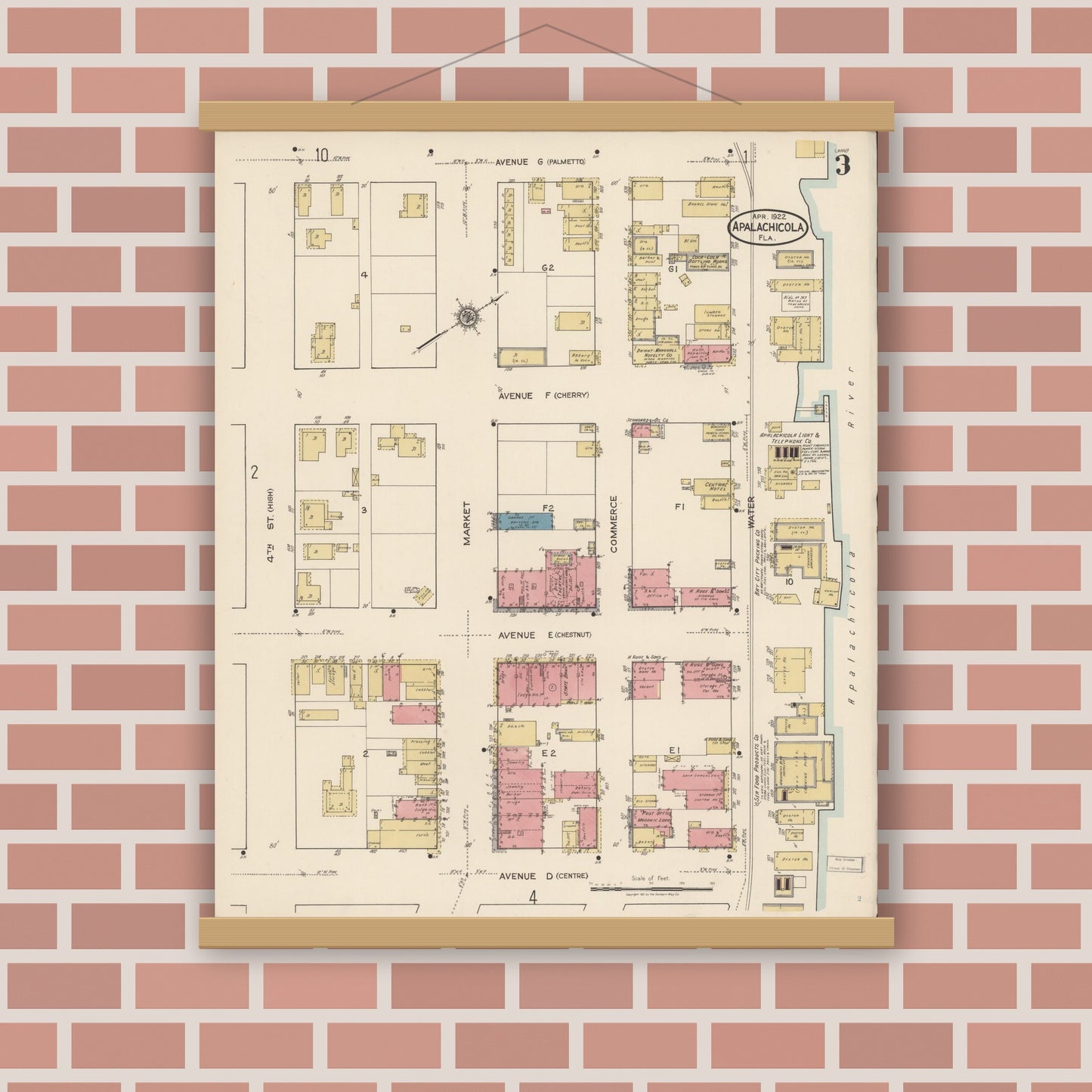 Old map wall art mockup — magnetic wood frame on brick wall — Sanborn Fire Insurance Map from Apalachicola, Franklin County, Florida (1922), Sheet #0003