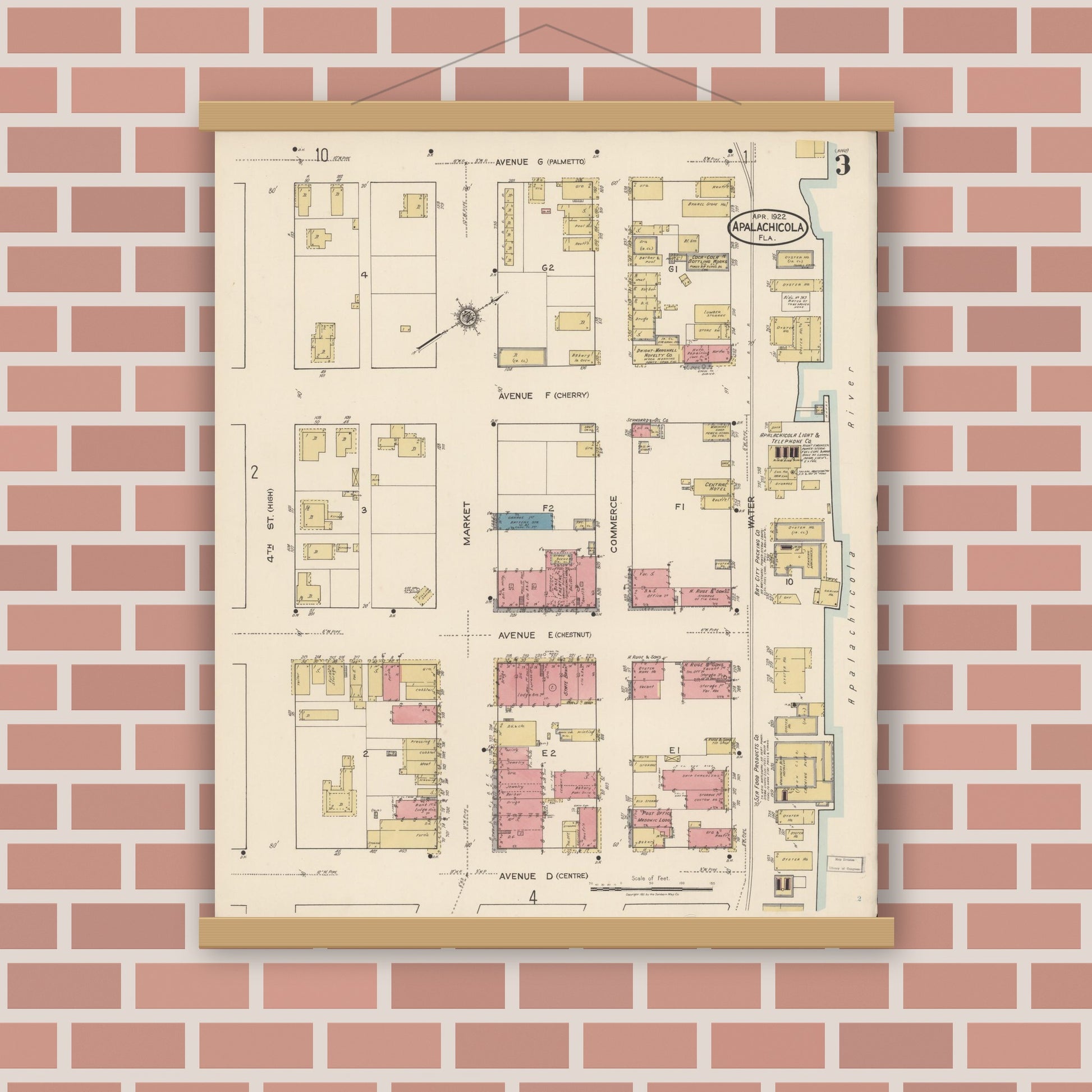 Old map wall art mockup — magnetic wood frame on brick wall — Sanborn Fire Insurance Map from Apalachicola, Franklin County, Florida (1922), Sheet #0003