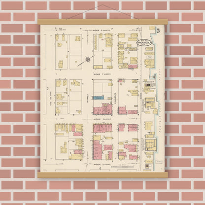 Old map wall art mockup — magnetic wood frame on brick wall — Sanborn Fire Insurance Map from Apalachicola, Franklin County, Florida (1922), Sheet #0003