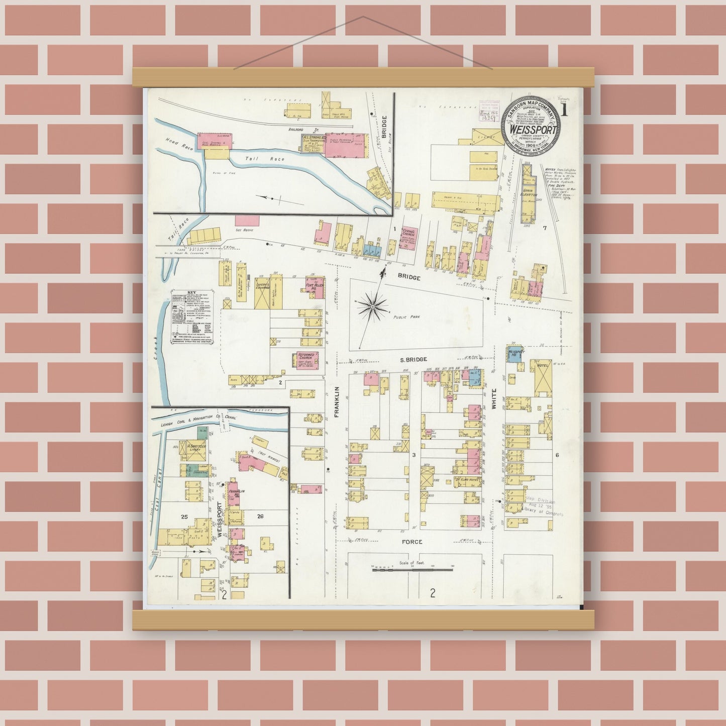 Old map wall art mockup — magnetic wood frame on brick wall — Sanborn Fire Insurance Map from Weissport, Carbon County, Pennsylvania (1908) - Complete Map Set