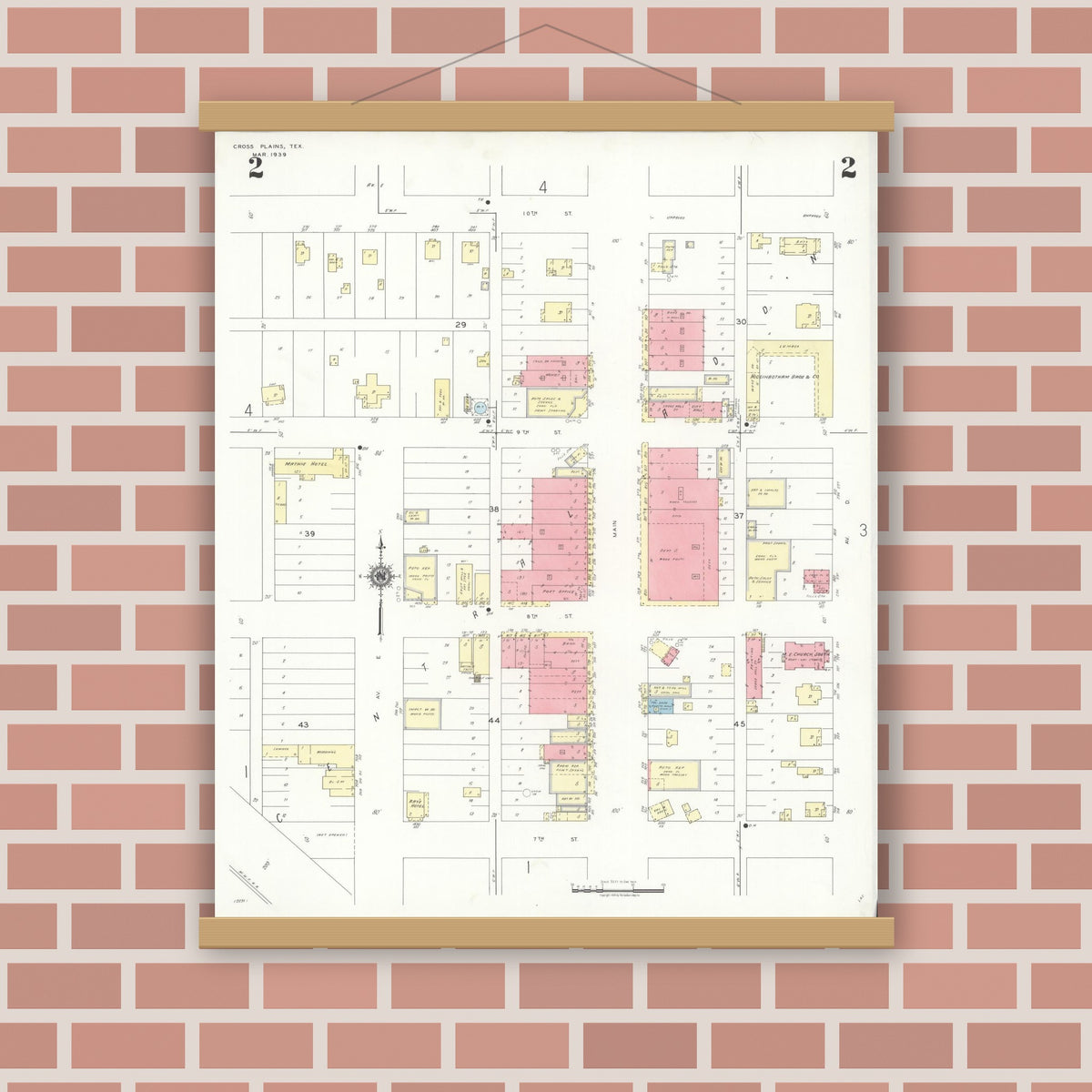 Old map wall art mockup — magnetic wood frame on brick wall — Sanborn Fire Insurance Map from Cross Plains, Callahan County, Texas (1939), Sheet #0002