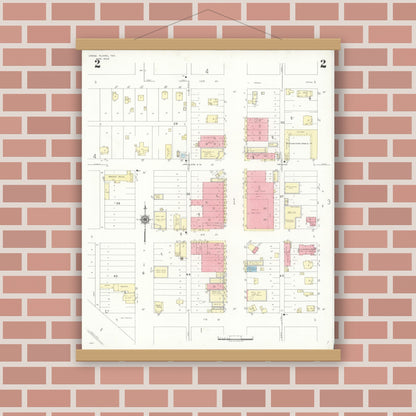 Old map wall art mockup — magnetic wood frame on brick wall — Sanborn Fire Insurance Map from Cross Plains, Callahan County, Texas (1939), Sheet #0002
