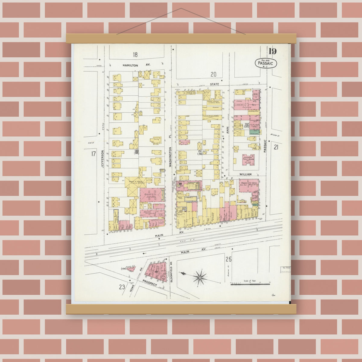 Old map wall art mockup — magnetic wood frame on brick wall — Sanborn Fire Insurance Map from Passaic, Passaic County, New Jersey (1903), Sheet #0019