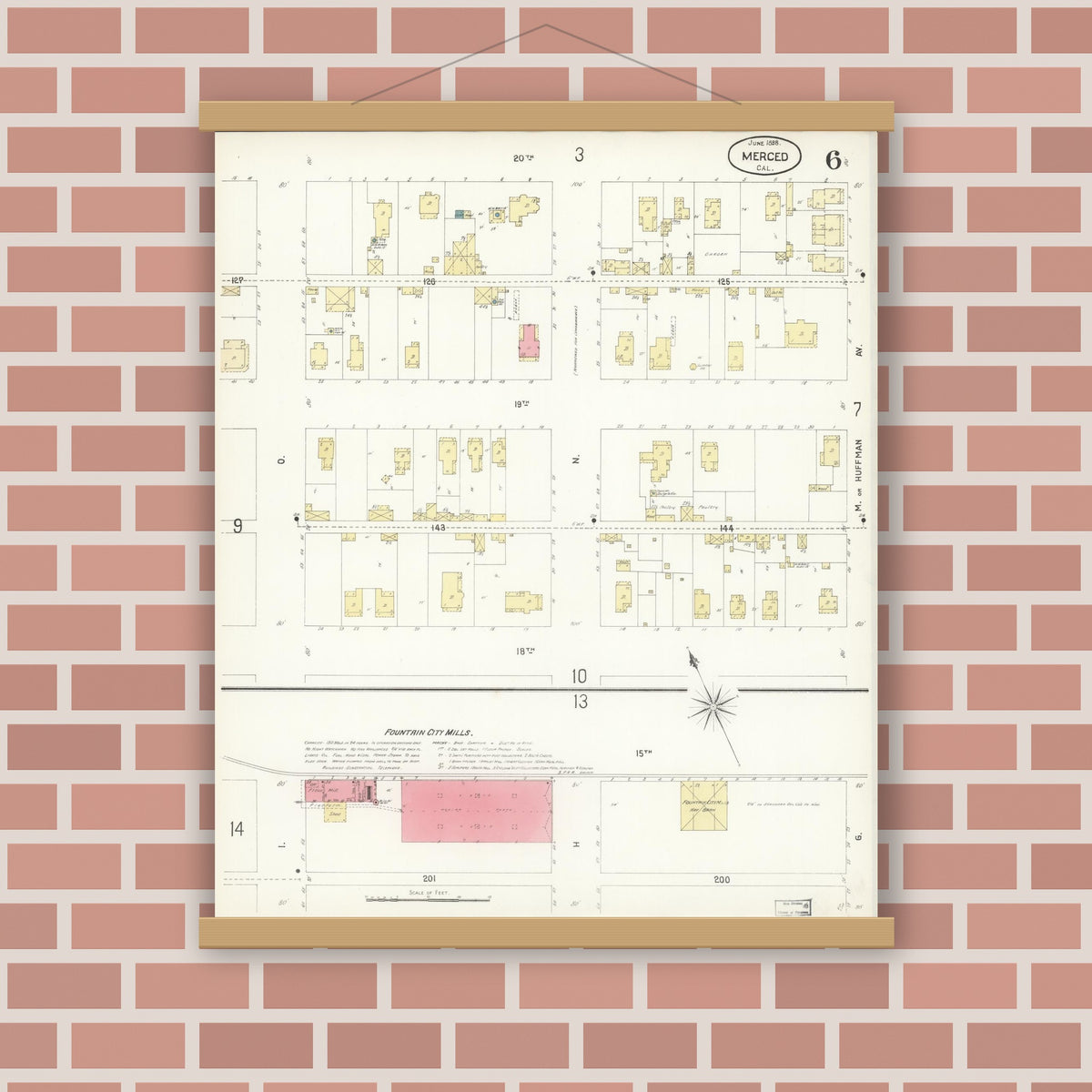 Old map wall art mockup — magnetic wood frame on brick wall — Sanborn Fire Insurance Map from Merced, Merced County, California (1898), Sheet #0006