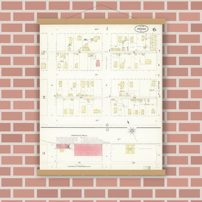 Old map wall art mockup — magnetic wood frame on brick wall — Sanborn Fire Insurance Map from Merced, Merced County, California (1898), Sheet #0006
