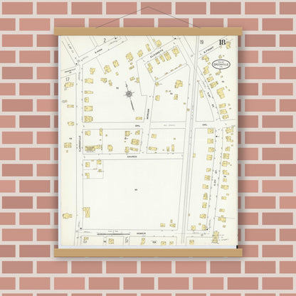 Old map wall art mockup — magnetic wood frame on brick wall — Sanborn Fire Insurance Map from Greenville, Mercer County, Pennsylvania (1911), Sheet #0018