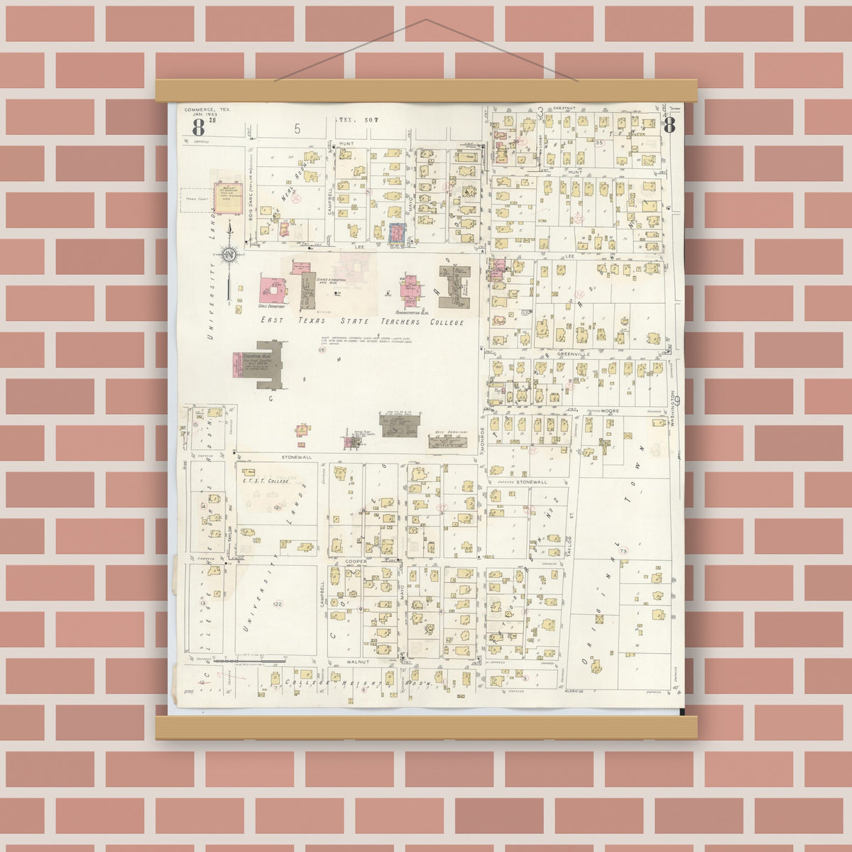 Old map wall art mockup — magnetic wood frame on brick wall — Sanborn Fire Insurance Map from Commerce, Hunt County, Texas (1940), Sheet #0008