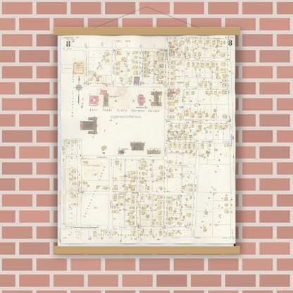 Old map wall art mockup — magnetic wood frame on brick wall — Sanborn Fire Insurance Map from Commerce, Hunt County, Texas (1940), Sheet #0008