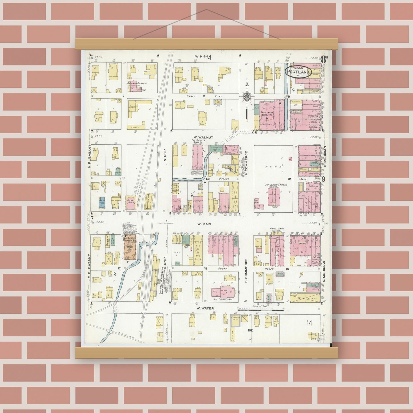 Old map wall art mockup — magnetic wood frame on brick wall — Sanborn Fire Insurance Map from Portland, Jay County, Indiana (1910), Sheet #0008
