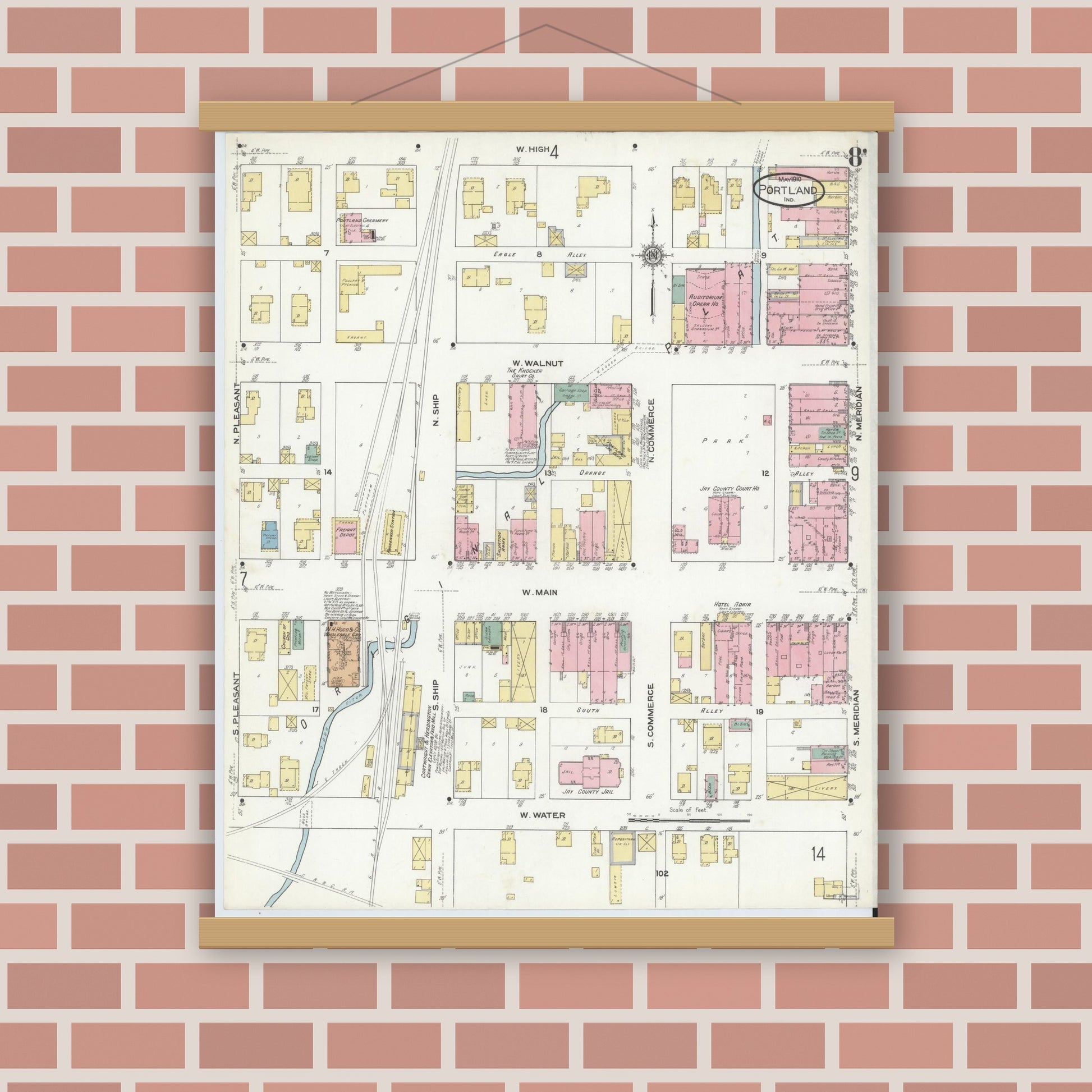 Old map wall art mockup — magnetic wood frame on brick wall — Sanborn Fire Insurance Map from Portland, Jay County, Indiana (1910), Sheet #0008