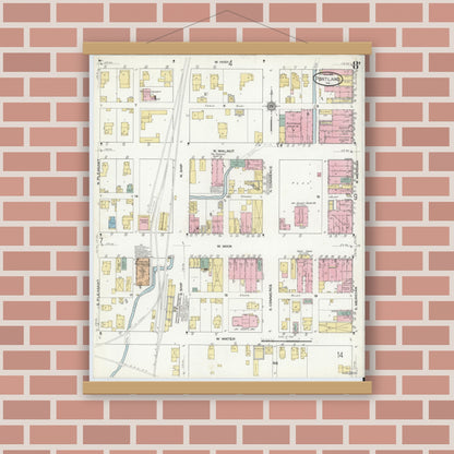 Old map wall art mockup — magnetic wood frame on brick wall — Sanborn Fire Insurance Map from Portland, Jay County, Indiana (1910), Sheet #0008