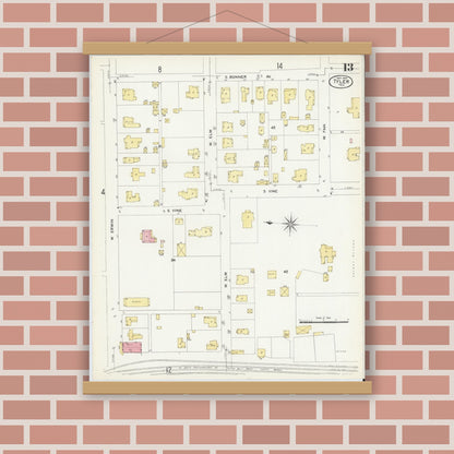 Old map wall art mockup — magnetic wood frame on brick wall — Sanborn Fire Insurance Map from Tyler, Smith County, Texas (1907), Sheet #0013