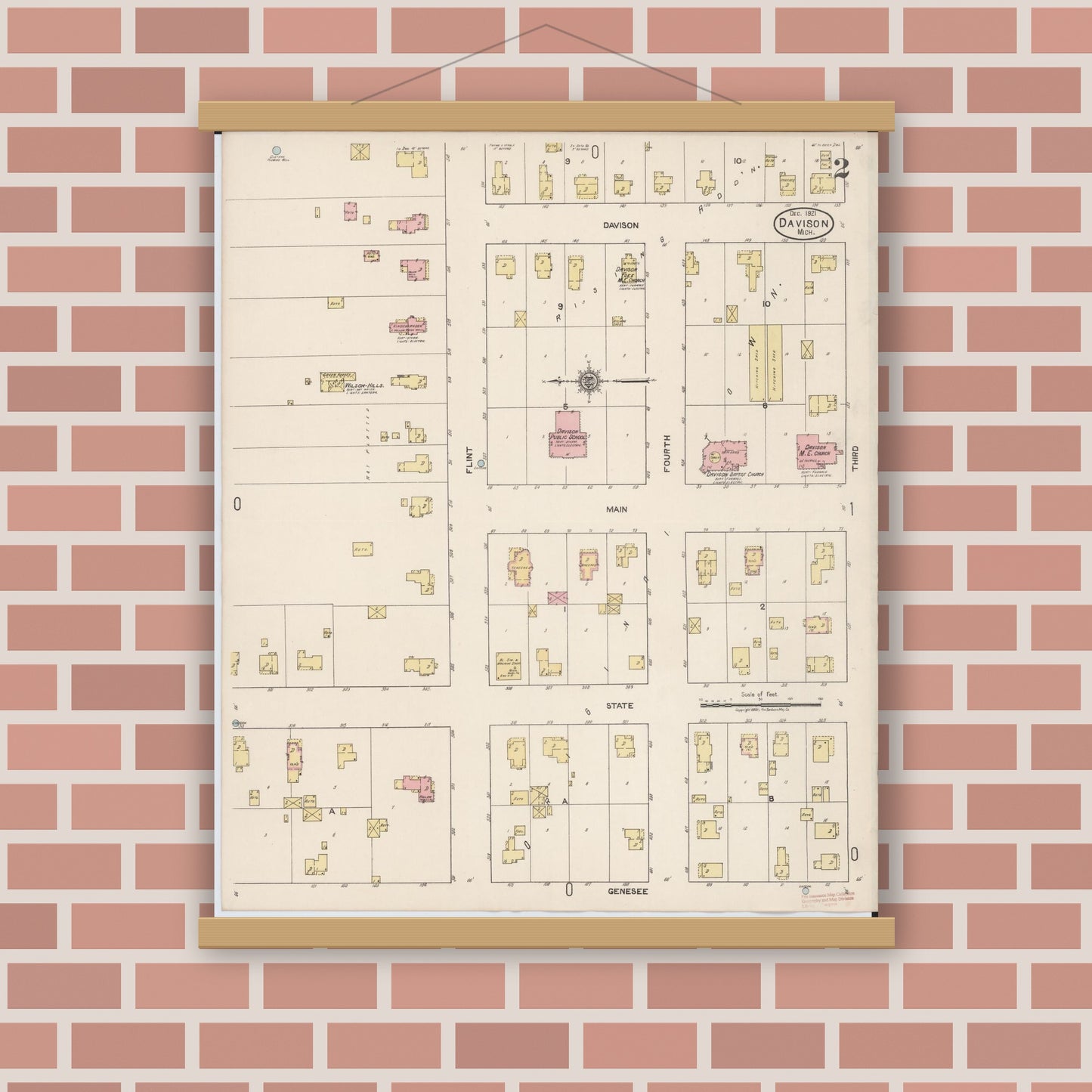 Old map wall art mockup — magnetic wood frame on brick wall — Sanborn Fire Insurance Map from Davison, Genesee County, Michigan (1921), Sheet #0002