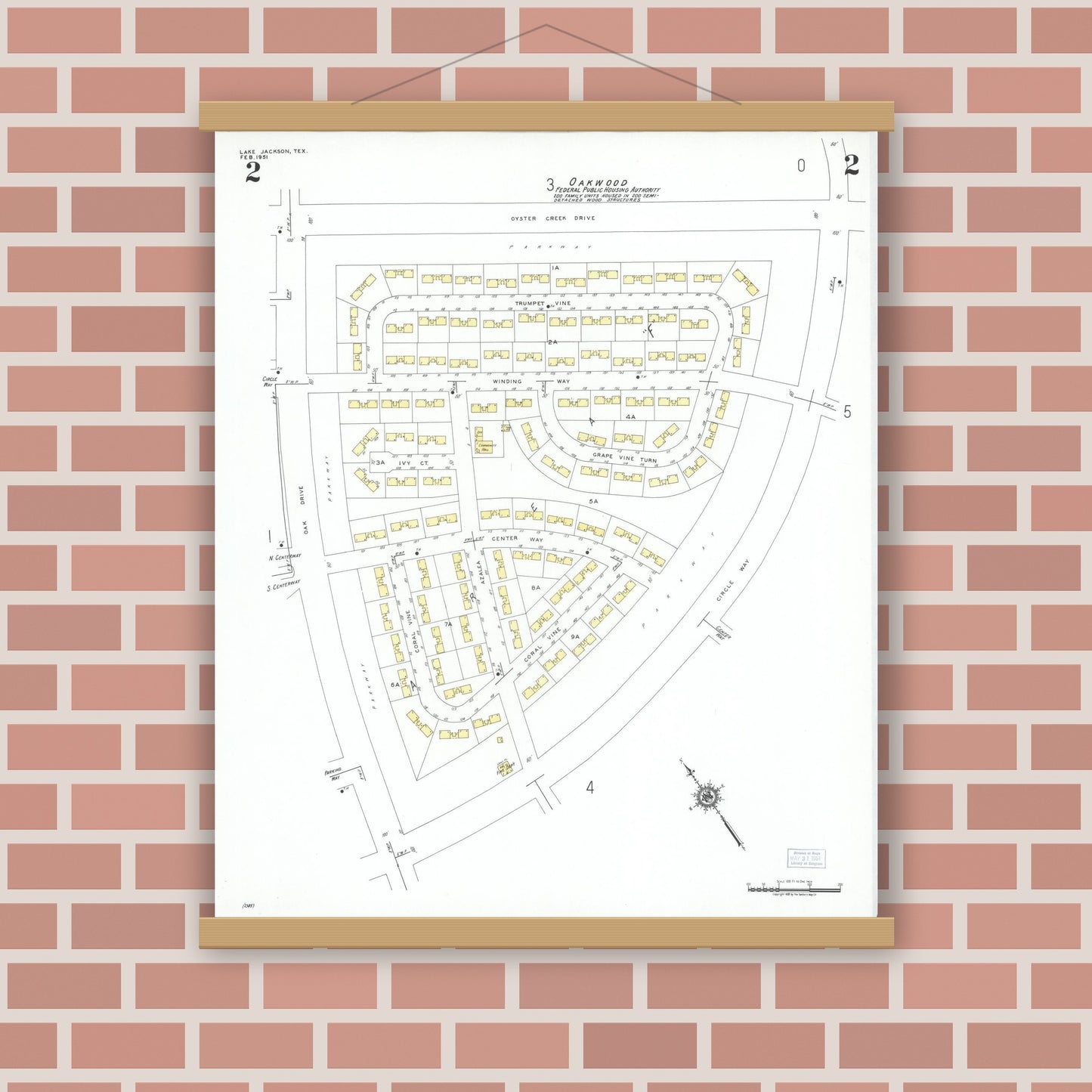 Old map wall art mockup — magnetic wood frame on brick wall — Sanborn Fire Insurance Map from Lake Jackson, Brazoria County, Texas (1951), Sheet #0002