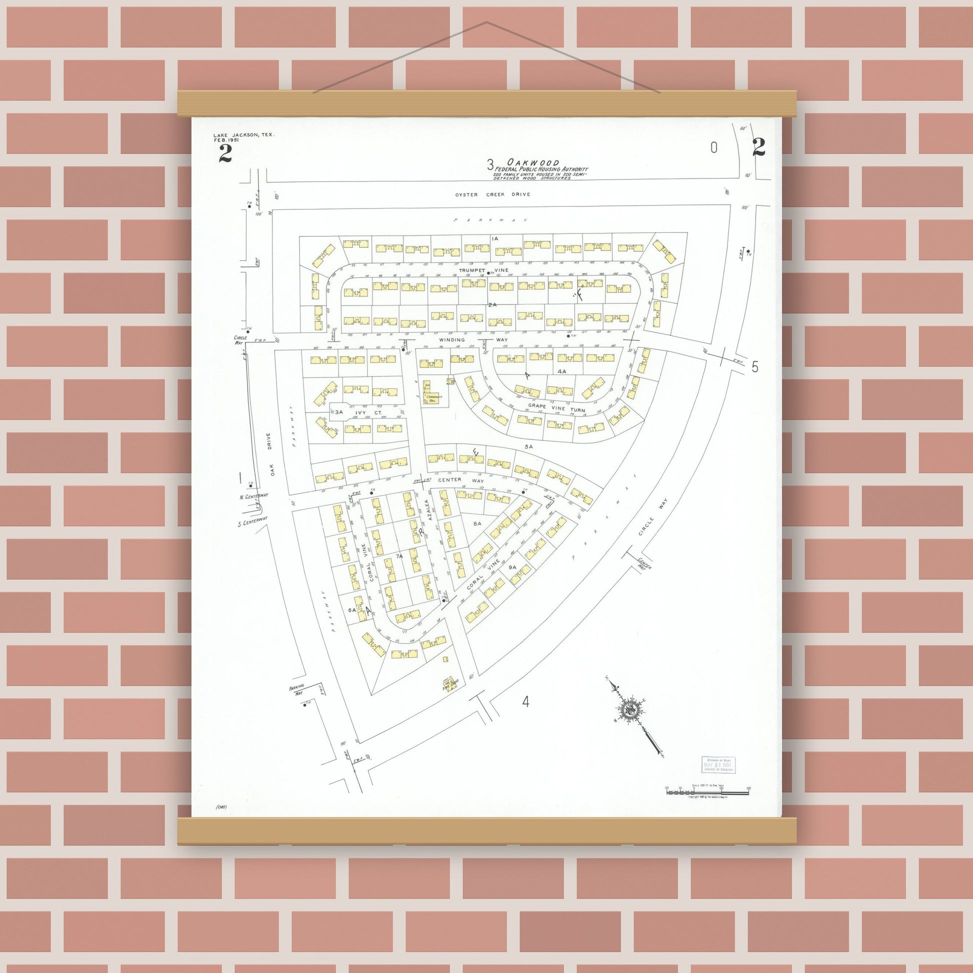 Old map wall art mockup — magnetic wood frame on brick wall — Sanborn Fire Insurance Map from Lake Jackson, Brazoria County, Texas (1951), Sheet #0002