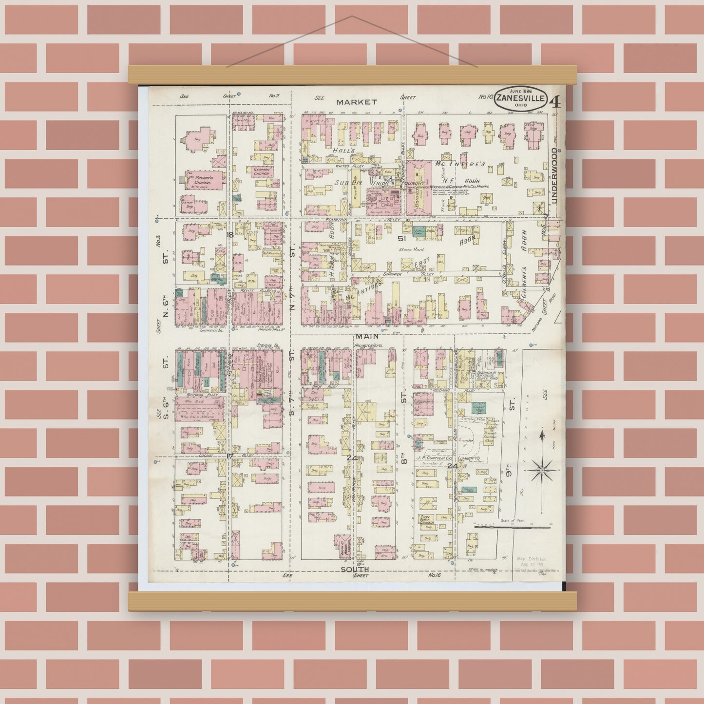 Old map wall art mockup — magnetic wood frame on brick wall — Sanborn Fire Insurance Map from Zanesville, Muskingum County, Ohio (1886), Sheet #0004