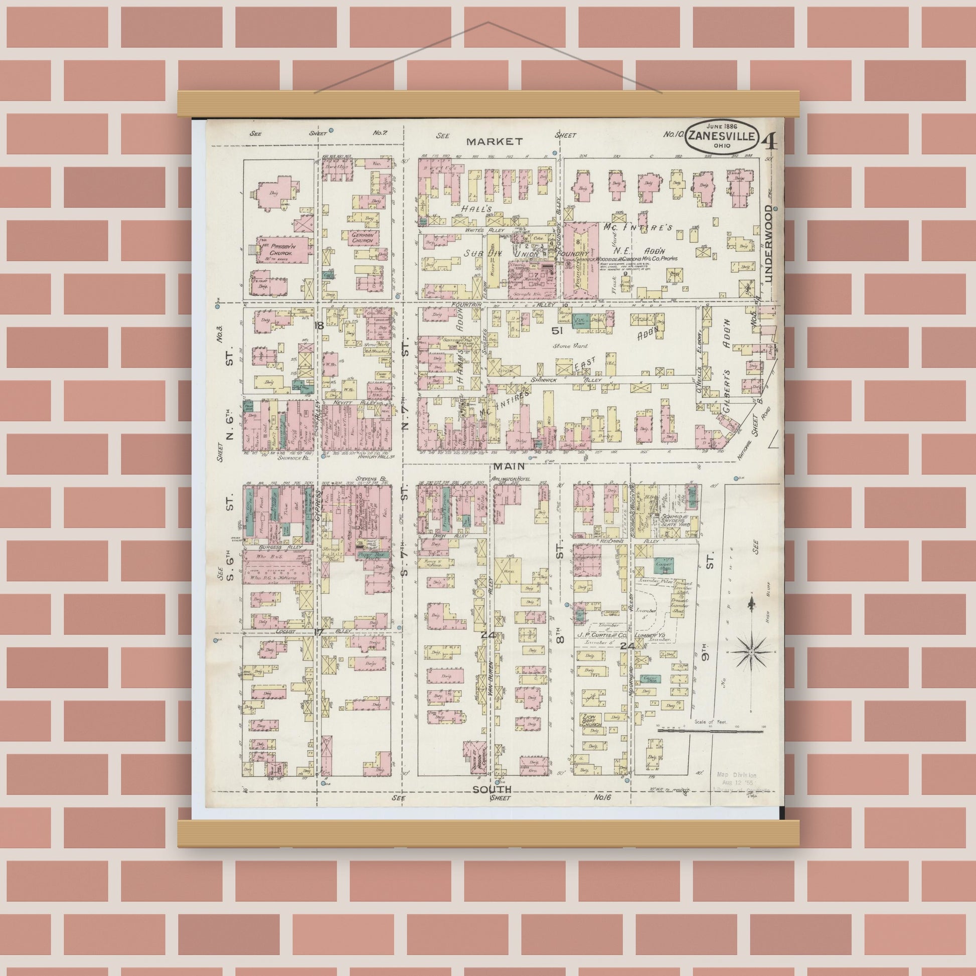 Old map wall art mockup — magnetic wood frame on brick wall — Sanborn Fire Insurance Map from Zanesville, Muskingum County, Ohio (1886), Sheet #0004