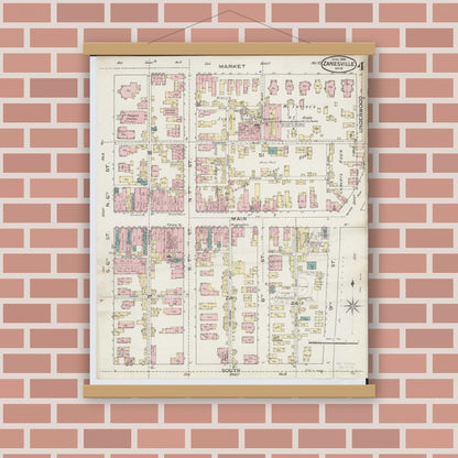 Old map wall art mockup — magnetic wood frame on brick wall — Sanborn Fire Insurance Map from Zanesville, Muskingum County, Ohio (1886), Sheet #0004