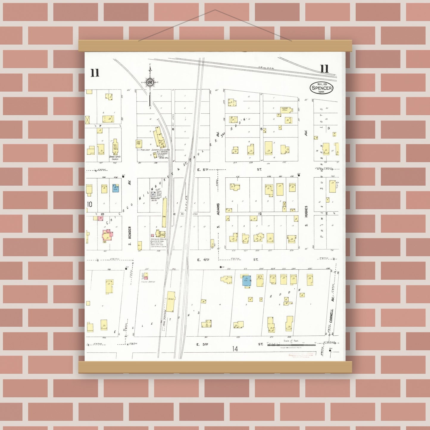 Old map wall art mockup — magnetic wood frame on brick wall — Sanborn Fire Insurance Map from Spencer, Clay County, Iowa (1924), Sheet #0011