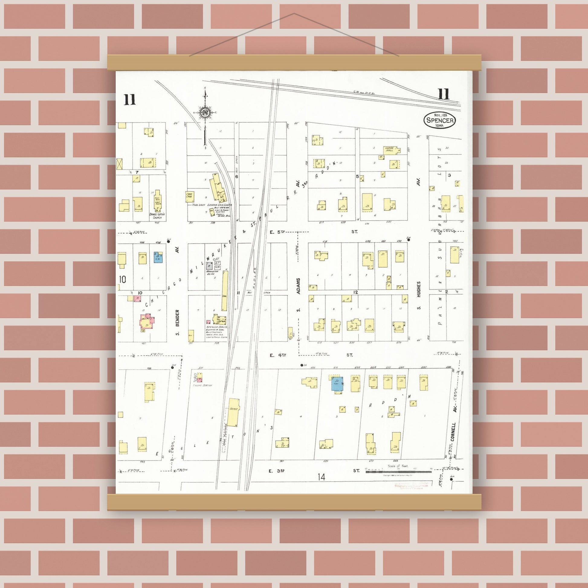 Old map wall art mockup — magnetic wood frame on brick wall — Sanborn Fire Insurance Map from Spencer, Clay County, Iowa (1924), Sheet #0011