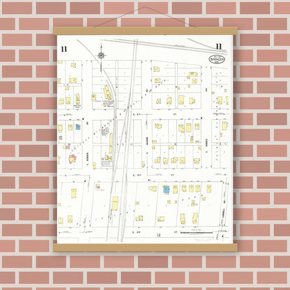 Old map wall art mockup — magnetic wood frame on brick wall — Sanborn Fire Insurance Map from Spencer, Clay County, Iowa (1924), Sheet #0011