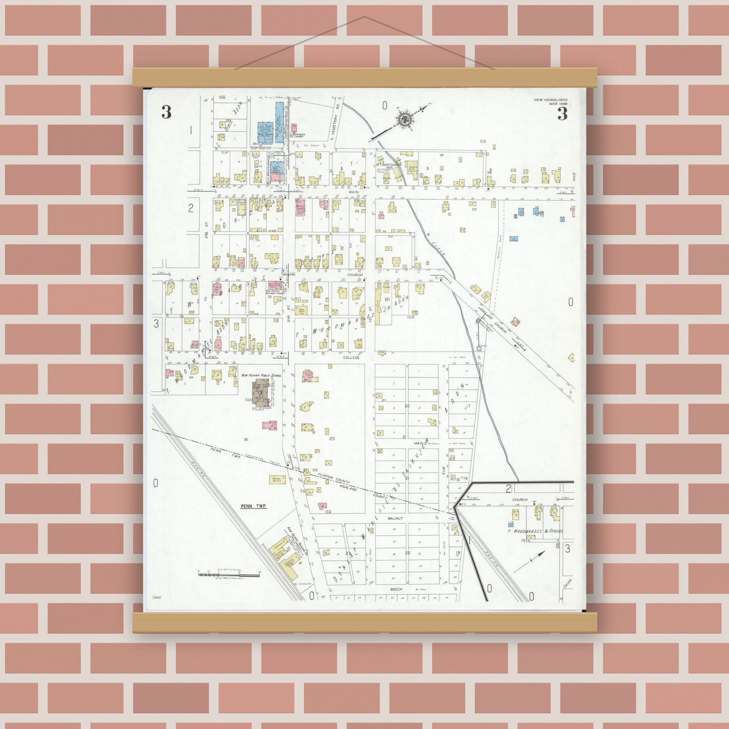 Old map wall art mockup — magnetic wood frame on brick wall — Sanborn Fire Insurance Map from New Vienna, Clinton County, Ohio (1948), Sheet #0003