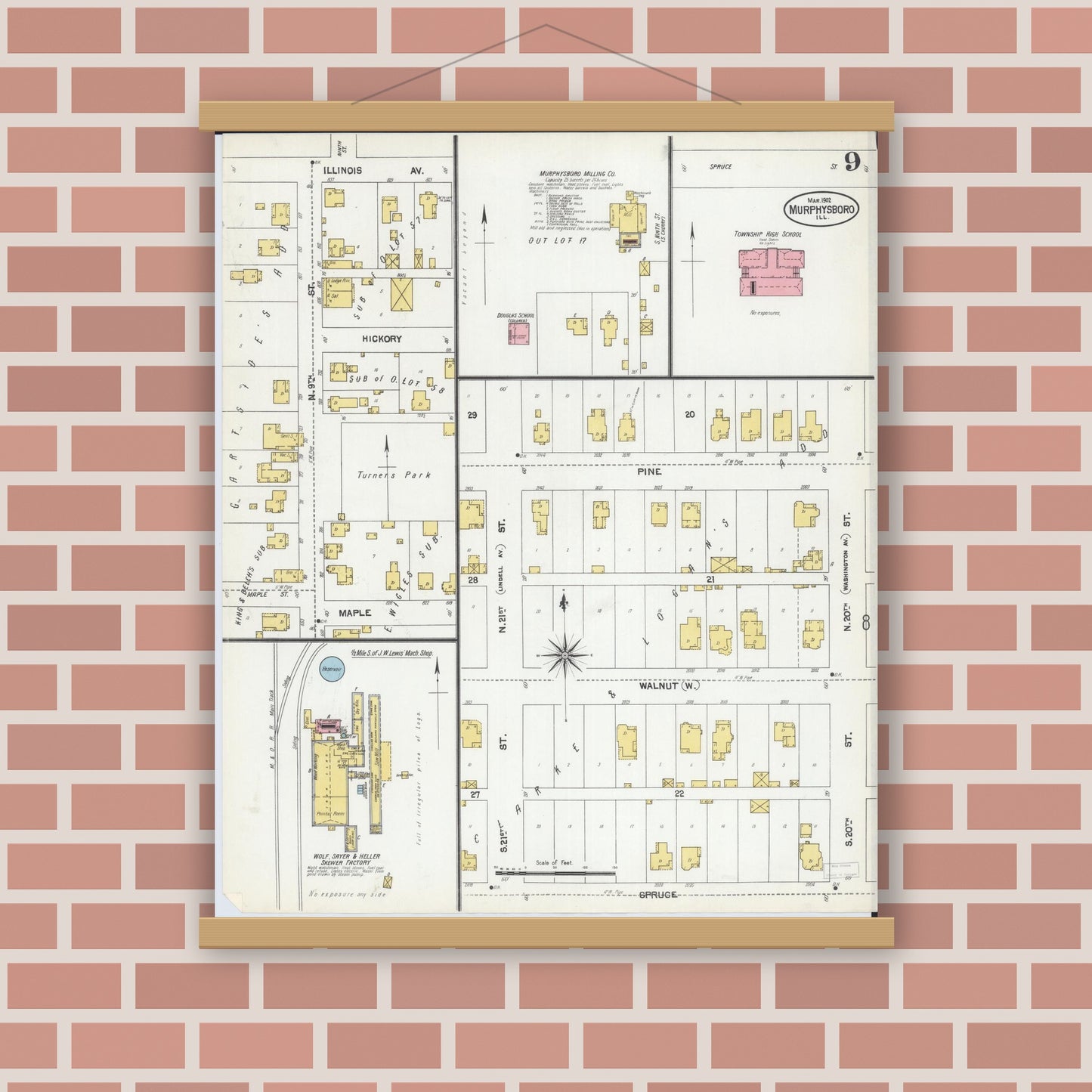 Old map wall art mockup — magnetic wood frame on brick wall — Sanborn Fire Insurance Map from Murphysboro, Jackson County, Illinois (1902), Sheet #0009