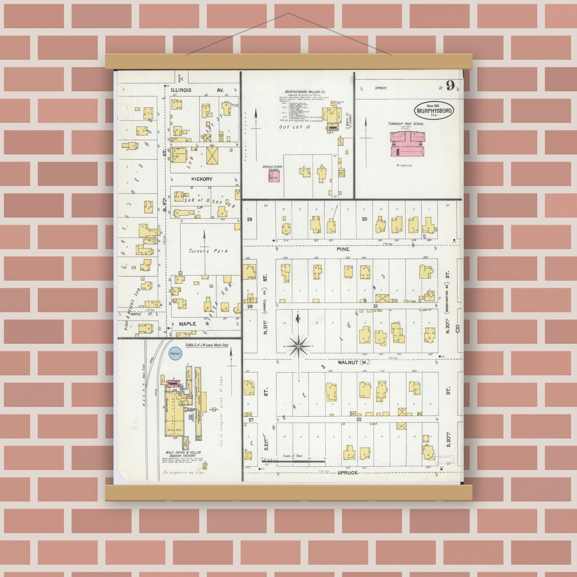 Old map wall art mockup — magnetic wood frame on brick wall — Sanborn Fire Insurance Map from Murphysboro, Jackson County, Illinois (1902), Sheet #0009