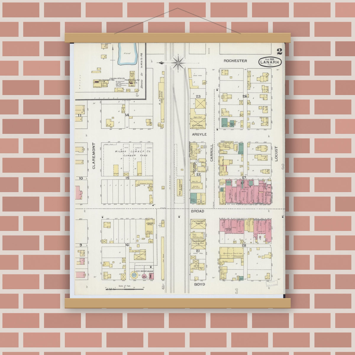 Old map wall art mockup — magnetic wood frame on brick wall — Sanborn Fire Insurance Map from Lanark, Carroll County, Illinois (1893), Sheet #0002