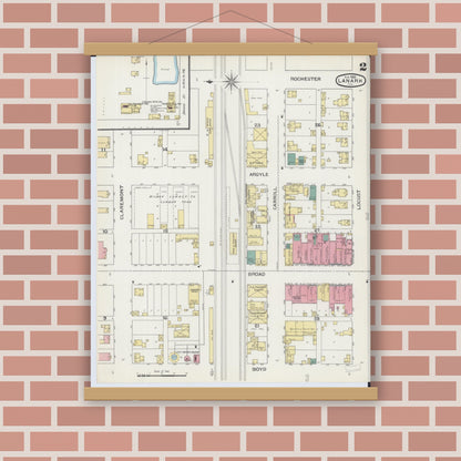Old map wall art mockup — magnetic wood frame on brick wall — Sanborn Fire Insurance Map from Lanark, Carroll County, Illinois (1893), Sheet #0002