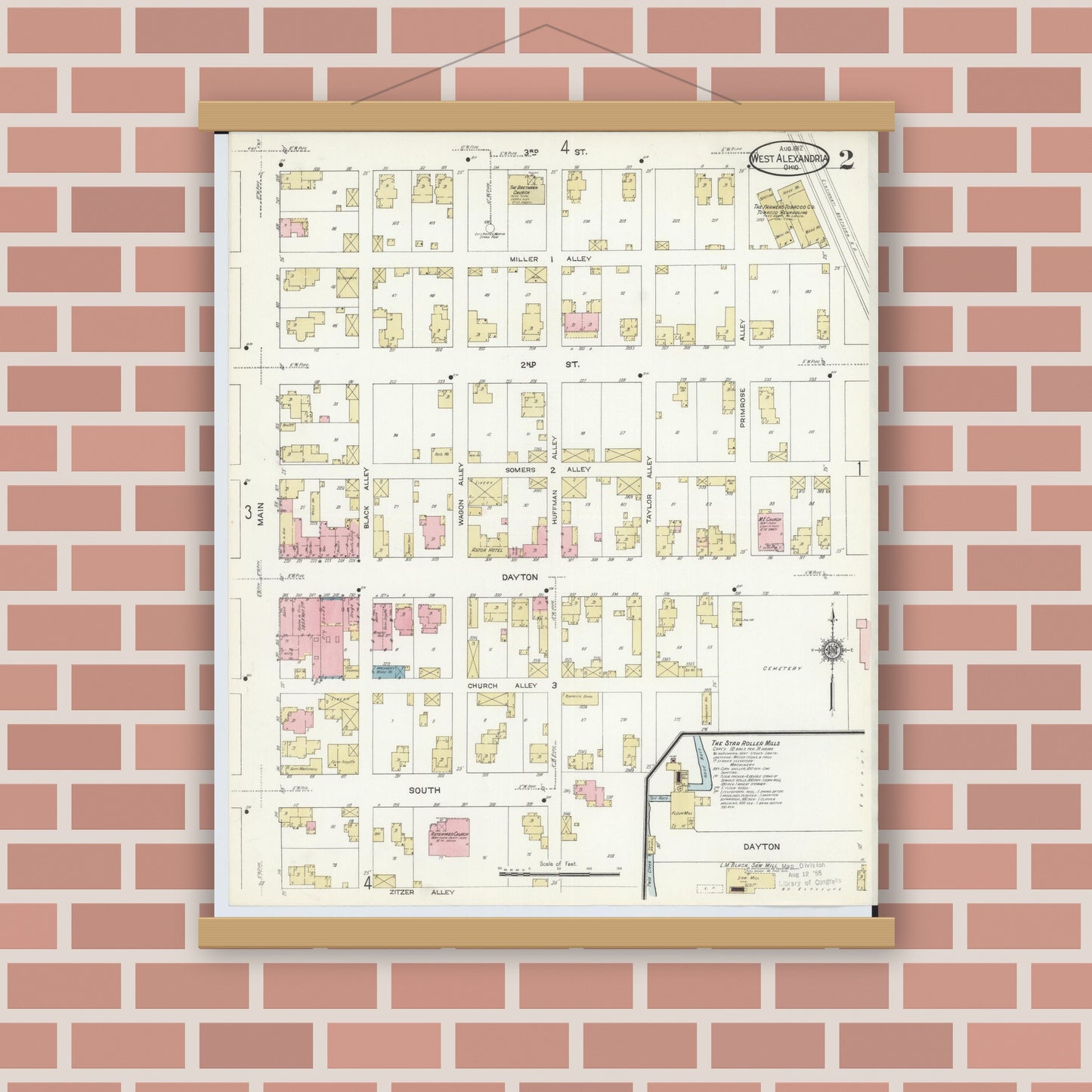 Old map wall art mockup — magnetic wood frame on brick wall — Sanborn Fire Insurance Map from West Alexandria, Preble County, Ohio (1912), Sheet #0002