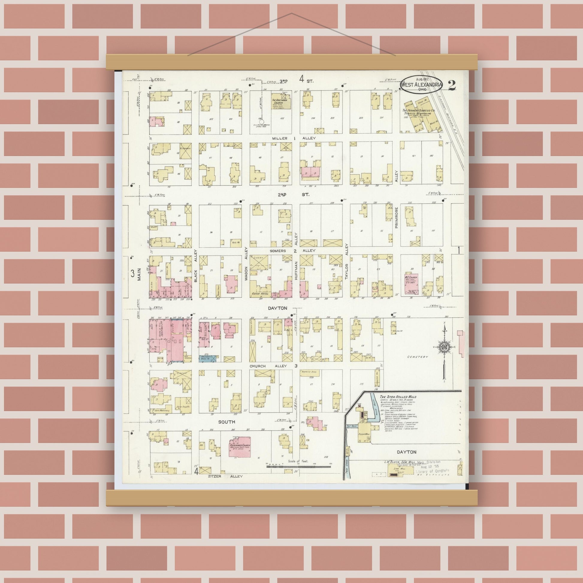 Old map wall art mockup — magnetic wood frame on brick wall — Sanborn Fire Insurance Map from West Alexandria, Preble County, Ohio (1912), Sheet #0002