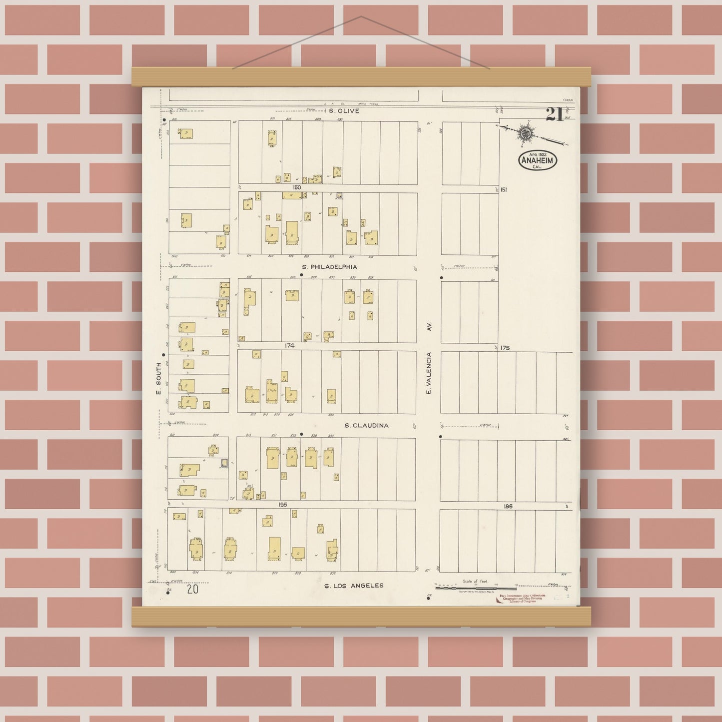 Old map wall art mockup — magnetic wood frame on brick wall — Sanborn Fire Insurance Map from Anaheim, Orange County, California (1922), Sheet #0021